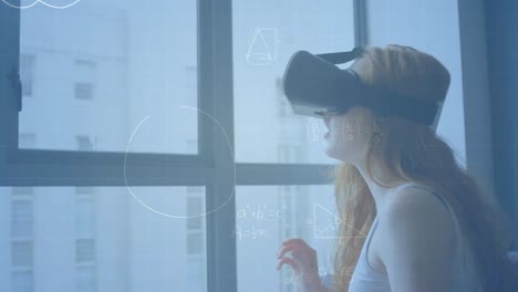 Animation-of-mathematical-drawings-and-equations-over-woman-wearing-vr-headset