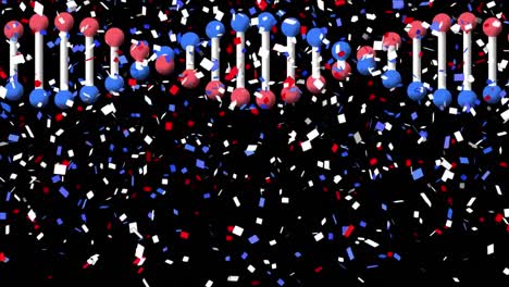 Animation-Von-Blau-rotem-Und-Weißem-Konfetti-über-Sich-Drehendem-DNA-Stamm-Auf-Schwarzem-Hintergrund