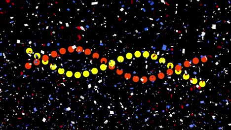 Animation-of-blue-and-red-confetti-over-dna-strand-on-black-background