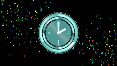 Animation-of-circular-clock-with-hands-rotating-over-colourful-confetti-falling-on-dark-background