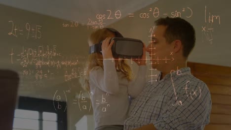 Animation-of-mathematical-drawings-and-equations-over-father-and-daughter-wearing-vr-headsets