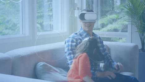 Animation-of-mathematical-drawings-and-equations-over-father-and-daughter-wearing-vr-headsets