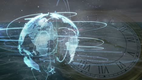 Animation-Eines-Rotierenden-Globus-Und-Eines-Netzwerks-über-Uhren-Auf-Dem-Hintergrund-Des-Nachthimmels
