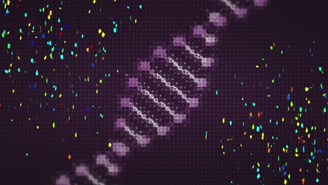 Animation-of-digital-dna-strand-moving-over-colourful-confetti-on-black-background