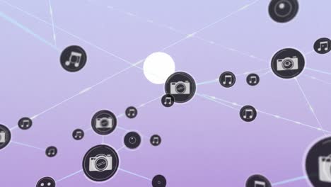 Animation-of-network-of-connections-with-icons-over-purple-sky