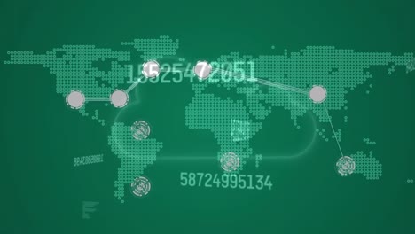 Animación-Del-Procesamiento-De-Datos-Sobre-El-Mapa-Mundial-Con-Red,-En-Verde