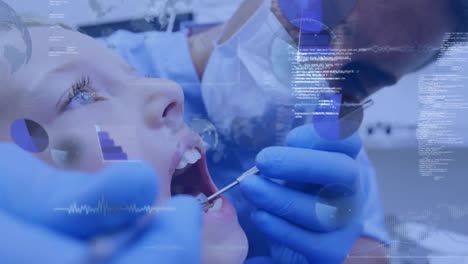 Animation-Der-Datenverarbeitung-über-Einem-Mädchen-Im-Zahnarztstuhl