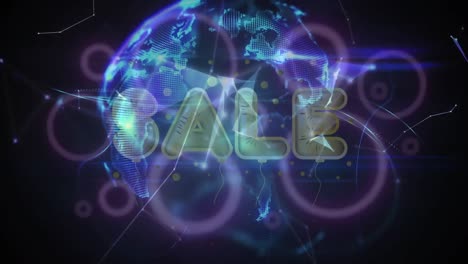 Animation-Des-Textverkaufs-über-Das-Netzwerk-Und-Leuchtender-Globus-Auf-Schwarzem-Hintergrund