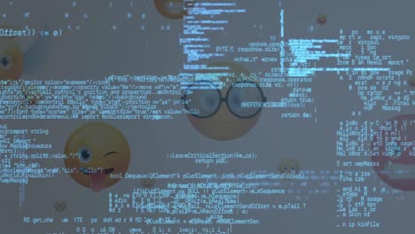 Animation-of-text-and-data-processing,-over-rising-emojis