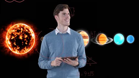 Animation-Eines-Geschäftsmannes,-Der-Ein-Tablet-über-Gleichungen-Und-Das-Sonnensystem-Verwendet