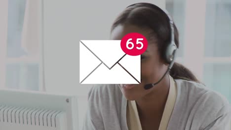 Animation-of-email-icon-with-numbers-changing-over-man-wearing-vr-headset