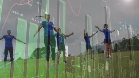 Animation-of-data-processing-over-group-of-men-and-women-exercising