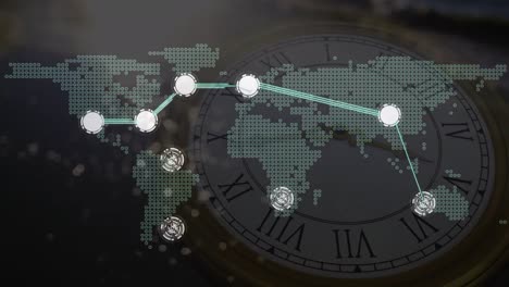 Animation-of-world-map-and-network-of-connections-over-clock,-on-dark-background