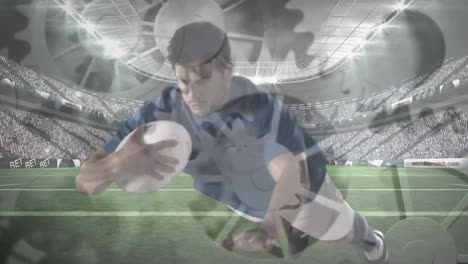 Animation-Von-Zahnrädern,-Die-Einen-Rugbyspieler-Während-Eines-Rugbyspiels-Im-Sportstadion-Umdrehen