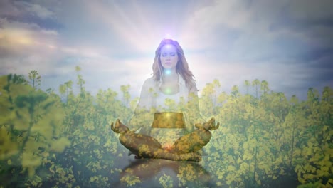 Animation-of-glowing-light-over-woman-practicing-yoga-over-yellow-flowers-and-sky