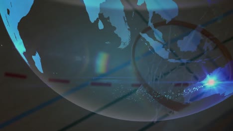 Animation-Eines-Rotierenden-Globus-Und-Netzwerks-über-Einem-Männlichen-Basketballspieler,-Der-Punkte-Erzielt,-Auf-Schwarzem-Hintergrund