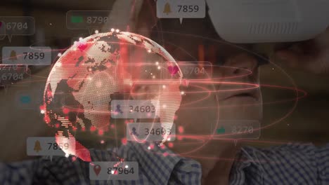 Animation-of-social-media-notifications-over-network-on-glowing-red-globe,-over-man-in-vr-headset