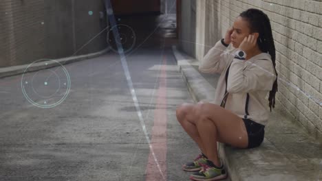 Network-of-connections-against-african-american-fit-woman-wearing-earphones-on-the-street