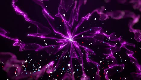 Digital-animation-of-confetti-falling-over-purple-digital-waves-on-black-background