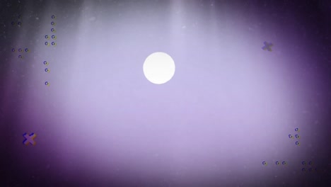 Animation-Von-Kreuzen,-Punkten-Und-Symbolen-über-Dem-Mond-Am-Hellvioletten-Himmel