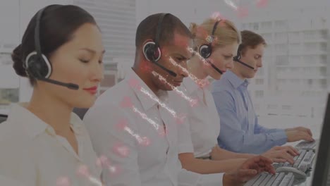 Dna-structure-against-team-of-customer-care-executives-wearing-phone-headset-working-at-office