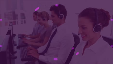 Abstract-purple-shapes-against-team-of-customer-care-executives-working-at-office