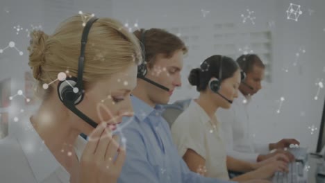 Animation-of-moving-molecules-over-business-people-wearing-phone-headsets