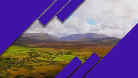 Animation-of-purple-rectangles-moving-over-beautiful-countryside-landscape-and-blue-sky