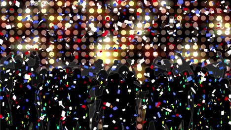 Colorful-confetti-falling-over-silhouette-of-people-dancing-against-yellow-lights
