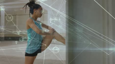 Animation-of-network-of-connections-over-fit-woman-exercising