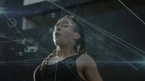 Network-of-connections-and-data-processing-against-african-american-fit-woman-flipping-her-hair