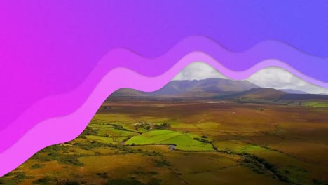Animation-of-purple-wave-over-beautiful-countryside-landscape