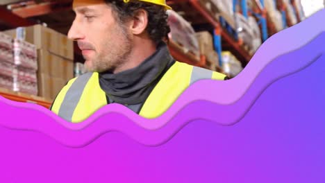 Animation-of-purple-wave-over-man-working-in-warehouse