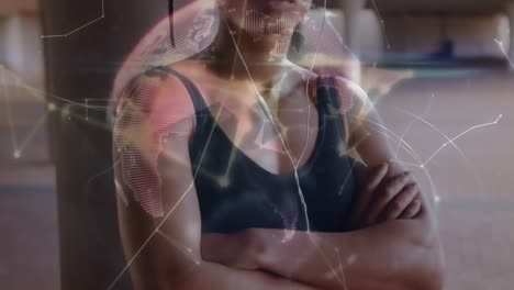 Animation-of-network-of-connections-and-globe-over-fit-woman-with-arms-crossed