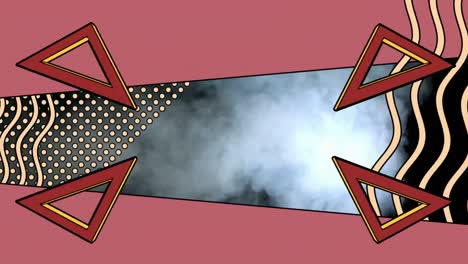 Animation-of-rotating-triangles-and-graphic-elements-framing-smoke-cloud,-on-black
