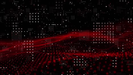 Digitale-Animation-Von-Punktdesignmustern-über-Roten-Digitalen-Wellen-Vor-Schwarzem-Hintergrund