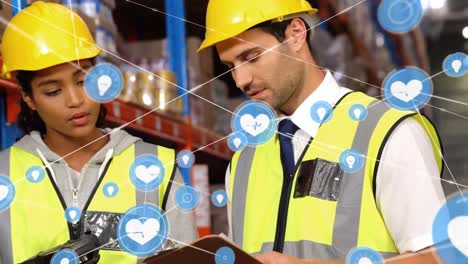 Animation-of-network-of-connections-over-man-and-woman-working-in-warehouse