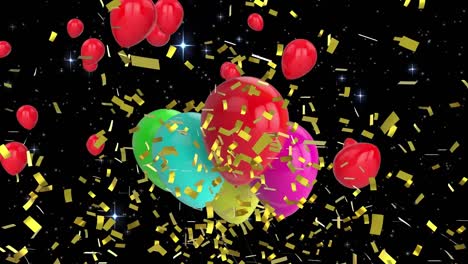 Animation-of-confetti-falling-over-multi-coloured-balloons-on-black-background