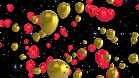 Animation-of-confetti-falling-and-red-and-gold-balloons-flying-on-black-background