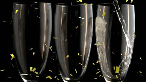 Animation-of-gold-confetti-falling-over-champagne-pouring-into-three-glasses-on-black-background