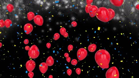 Animation-of-confetti-falling-and-red-balloons-flying-on-black-background