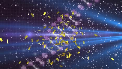 Animation-of-gold-confetti-over-rotating-digital-dna-strand-with-light-beams-and-starburst-on-black