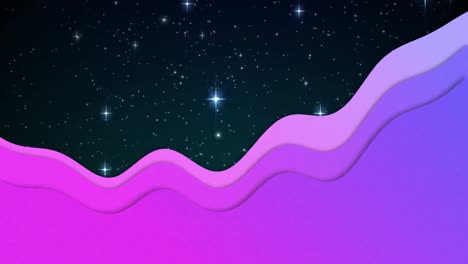 Animation-of-red-kaleidoscopic-shapes-moving-over-purple-waves-on-night-sky-background