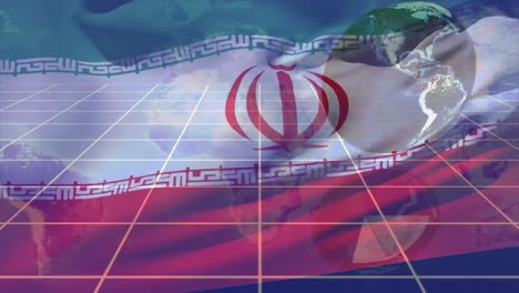 Animación-De-La-Bandera-De-Irán-En-Movimiento-Sobre-El-Procesamiento-De-Datos-Y-El-Globo.