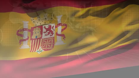 Animation-Der-Sich-Bewegenden-Flagge-Spaniens-über-Der-Datenverarbeitung-Und-Dem-Globus