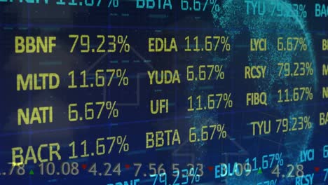 Stock-market-data-processing-against-multiple-arrow-icons-and-spinning-globe-on-blue-background