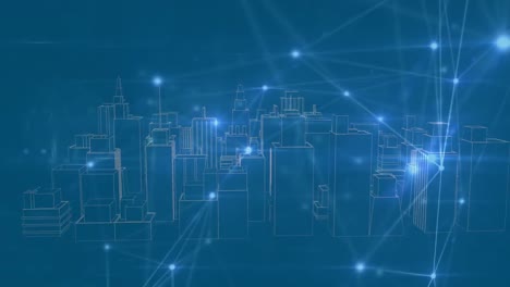 Animation-of-networks-of-connections-and-3d-city-drawing-on-blue-background