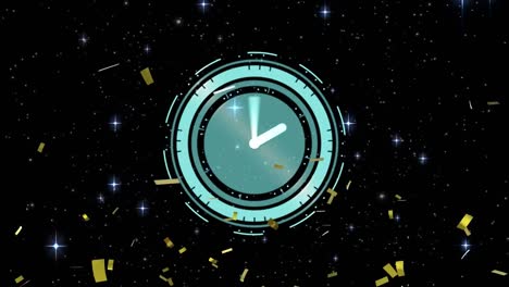 Animation-of-clock-with-gold-confetti-falling-and-stars-on-night-sky-background