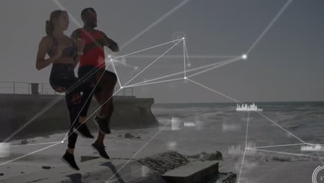 Animation-of-network-of-connections-over-woman-and-man-exercising-outdoors