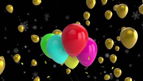 Animation-Von-Fallenden-Konfetti-Und-Schneeflocken-Und-Mehrfarbigen-Luftballons,-Die-Auf-Schwarzem-Hintergrund-Fliegen